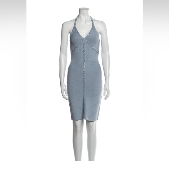 Herve Leger Blue Halter neck Beaded Dress - Picture 1 of 11